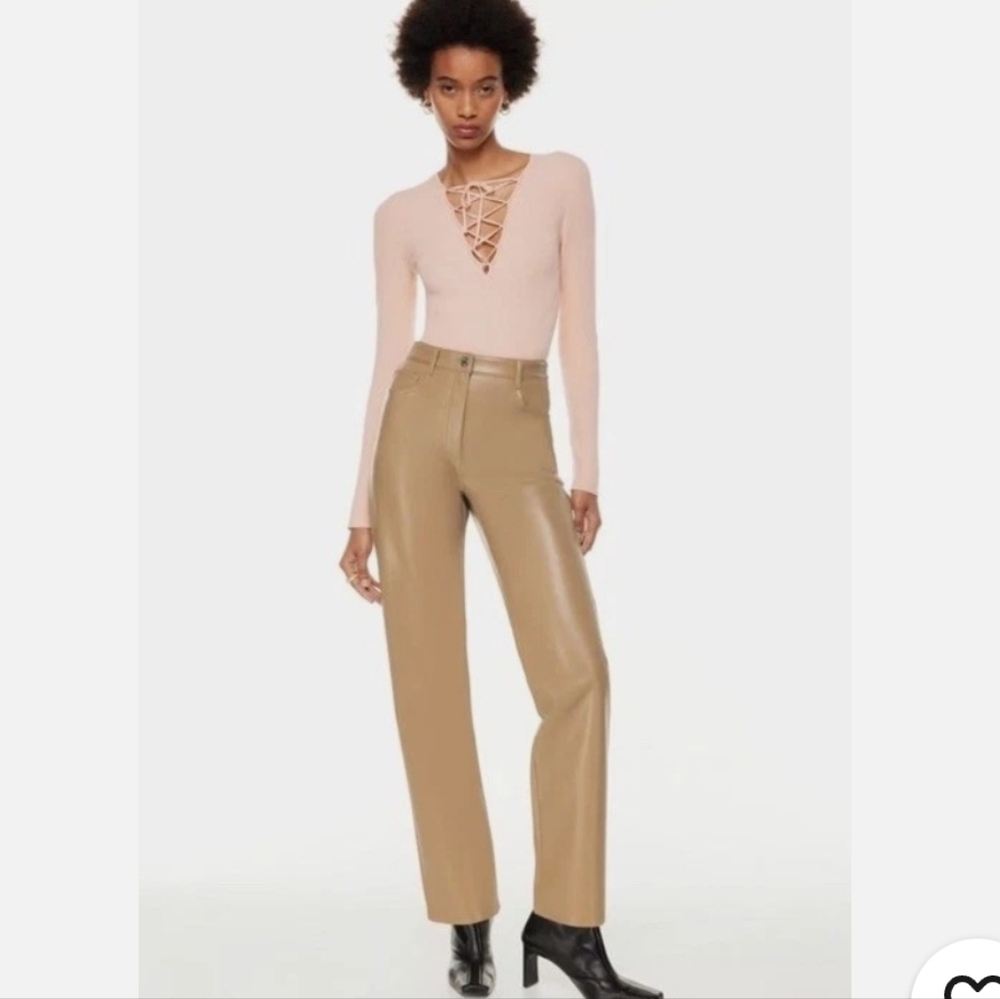Wilfred Aritzia Women's Light Tan Cream Vegan Faux Leather Pants 2